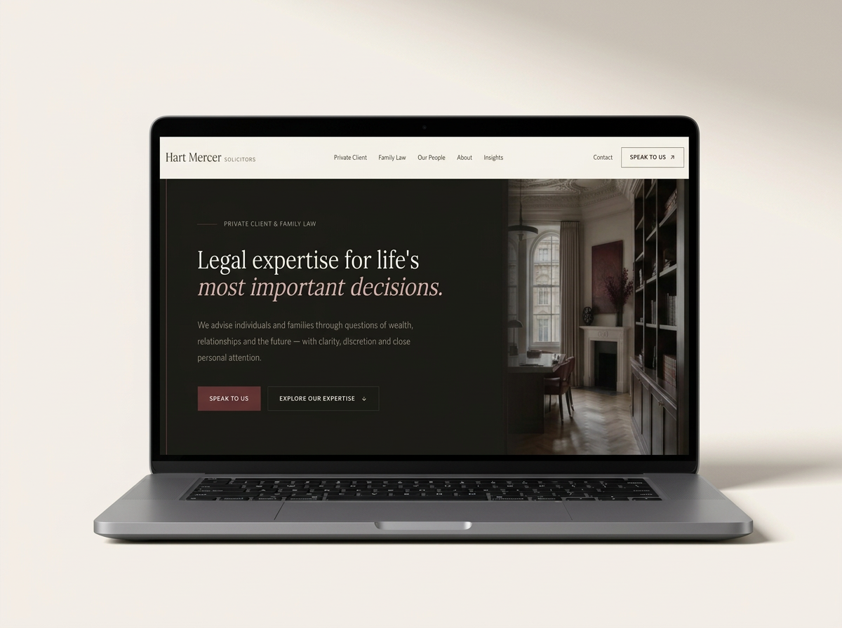 Hart Mercer Solicitors website shown on a MacBook laptop mockup